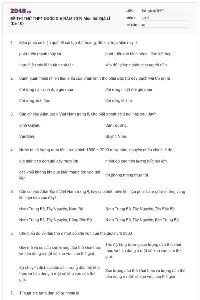ĐỀ THI THỬ THPT QUỐC GIA NĂM 2019 Môn thi: ĐỊA LÍ (Đề 10)