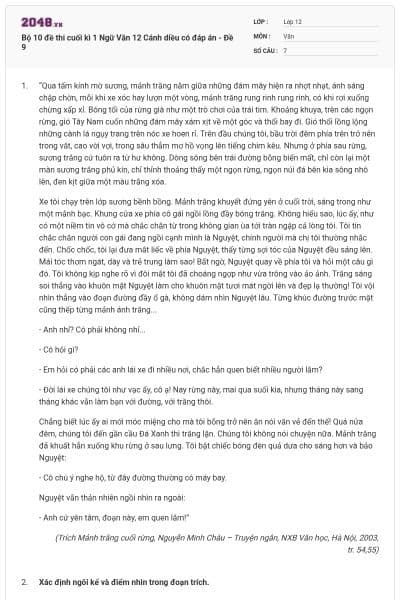 Bộ 10 đề thi cuối kì 1 Ngữ Văn 12 Cánh diều có đáp án - Đề 9