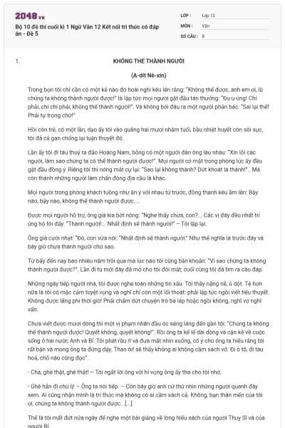 Bộ 10 đề thi cuối kì 1 Ngữ Văn 12 Kết nối tri thức có đáp án - Đề 5