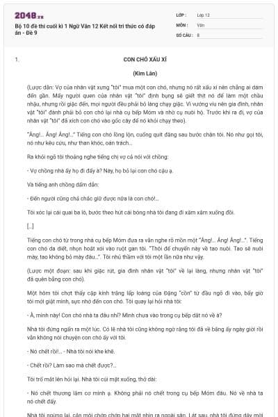 Bộ 10 đề thi cuối kì 1 Ngữ Văn 12 Kết nối tri thức có đáp án - Đề 9