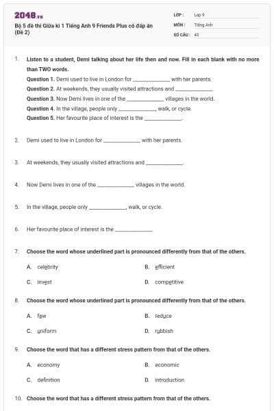 Bộ 5 đề thi Giữa kì 1 Tiếng Anh 9 Friends Plus có đáp án (Đề 2)