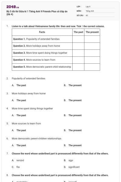Bộ 5 đề thi Giữa kì 1 Tiếng Anh 9 Friends Plus có đáp án (Đề 4)