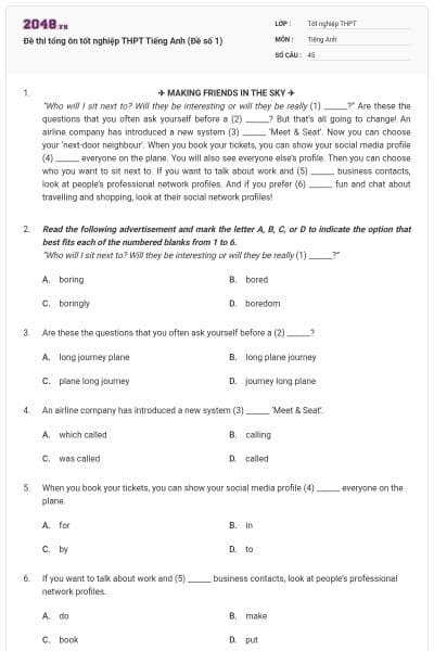 Đề thi tổng ôn tốt nghiệp THPT Tiếng Anh (Đề số 1)