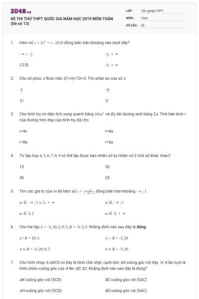 ĐỀ THI THỬ THPT QUỐC GIA NĂM HỌC 2019 MÔN TOÁN (Đề số 13)