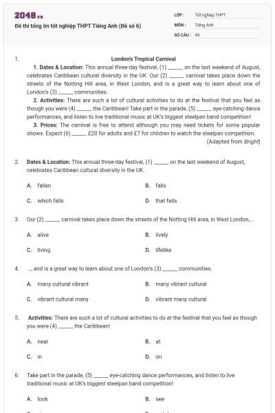 Đề thi tổng ôn tốt nghiệp THPT Tiếng Anh (Đề số 6)