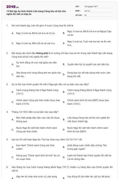 19 Bài tập Sự hình thành Liên bang Cộng hòa xã hội chủ nghĩa Xô viết có đáp án