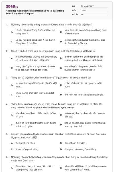 48 Bài tập Khái quát về chiến tranh bảo vệ Tổ quốc trong lịch sử Việt Nam có đáp án