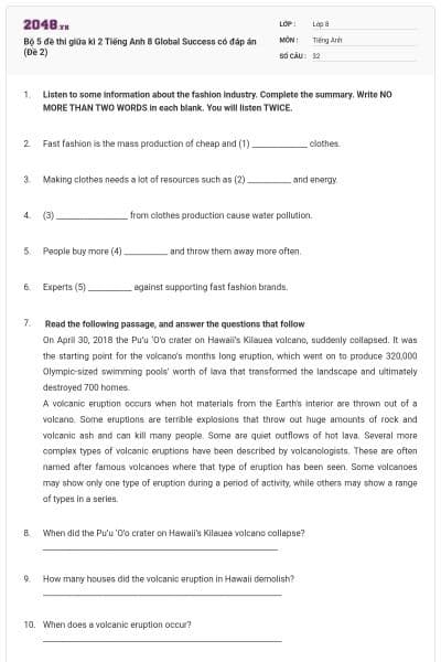 Bộ 5 đề thi giữa kì 2 Tiếng Anh 8 Global Success có đáp án (Đề 2)