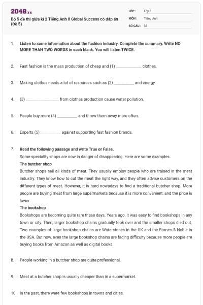 Bộ 5 đề thi giữa kì 2 Tiếng Anh 8 Global Success có đáp án (Đề 5)