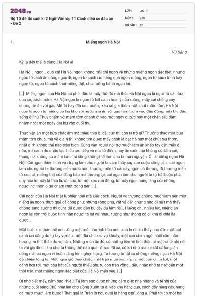 Bộ 10 đề thi cuối kì 2 Ngữ Văn lớp 11 Cánh diều có đáp án - Đề 2