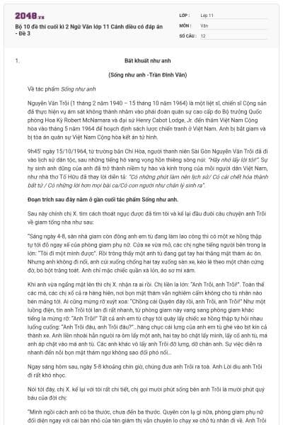 Bộ 10 đề thi cuối kì 2 Ngữ Văn lớp 11 Cánh diều có đáp án - Đề 3