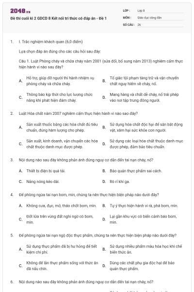 Đề thi cuối kì 2 GDCD 8 Kết nối tri thức có đáp án - Đề 1