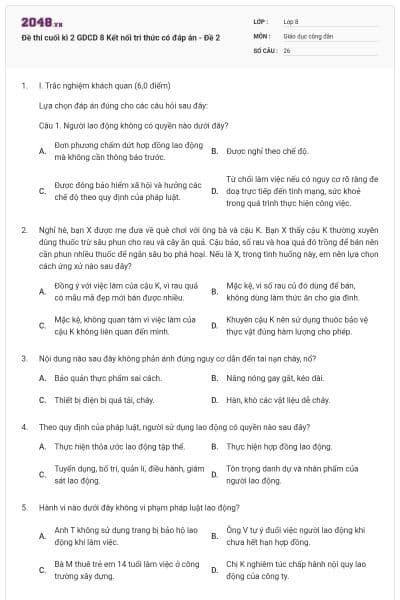 Đề thi cuối kì 2 GDCD 8 Kết nối tri thức có đáp án - Đề 2