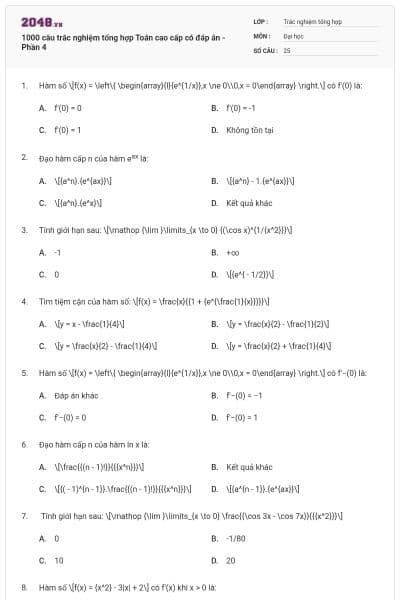 1000 câu trắc nghiệm tổng hợp Toán cao cấp có đáp án - Phần 4