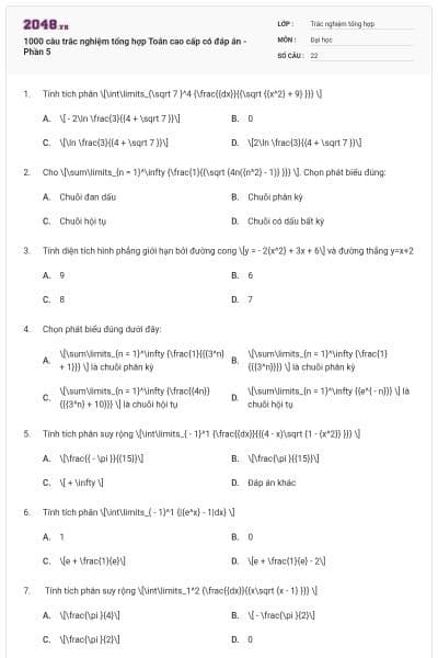 1000 câu trắc nghiệm tổng hợp Toán cao cấp có đáp án - Phần 5
