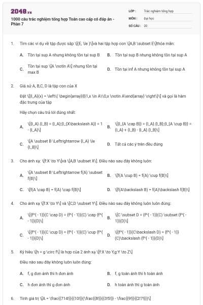 1000 câu trắc nghiệm tổng hợp Toán cao cấp có đáp án - Phần 7