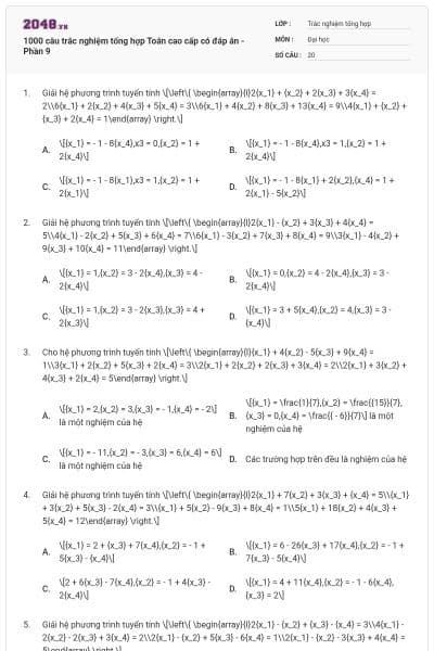 1000 câu trắc nghiệm tổng hợp Toán cao cấp có đáp án - Phần 9