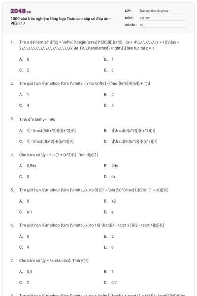 1000 câu trắc nghiệm tổng hợp Toán cao cấp có đáp án - Phần 17