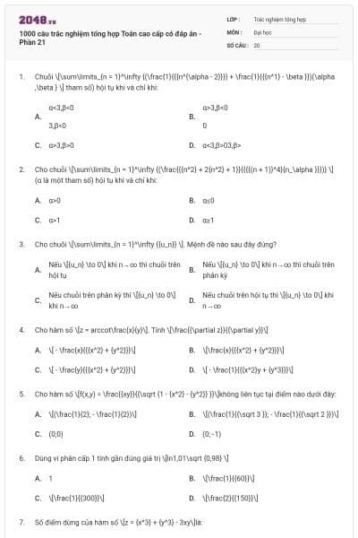 1000 câu trắc nghiệm tổng hợp Toán cao cấp có đáp án - Phần 21