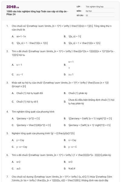 1000 câu trắc nghiệm tổng hợp Toán cao cấp có đáp án - Phần 24