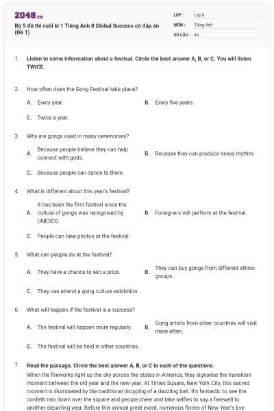 Bộ 5 đề thi cuối kì 1 Tiếng Anh 8 Global Success có đáp án (Đề 1)