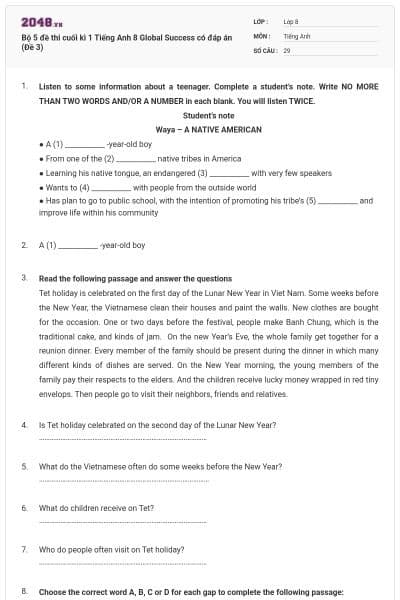Bộ 5 đề thi cuối kì 1 Tiếng Anh 8 Global Success có đáp án (Đề 3)