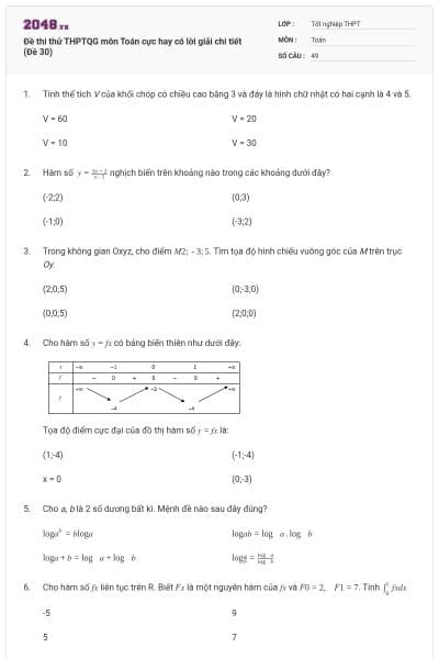 Đề thi thử THPTQG môn Toán cực hay có lời giải chi tiết (Đề 30)