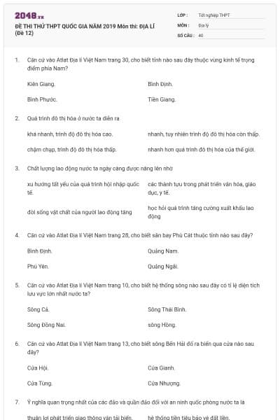 ĐỀ THI THỬ THPT QUỐC GIA NĂM 2019 Môn thi: ĐỊA LÍ (Đề 12)