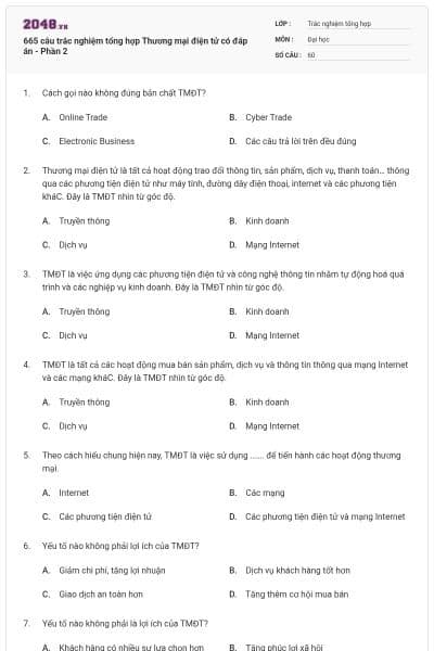 665 câu trắc nghiệm tổng hợp Thương mại điện tử có đáp án - Phần 2