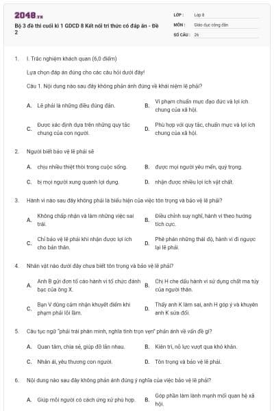 Bộ 3 đề thi cuối kì 1 GDCD 8 Kết nối tri thức có đáp án - Đề 2