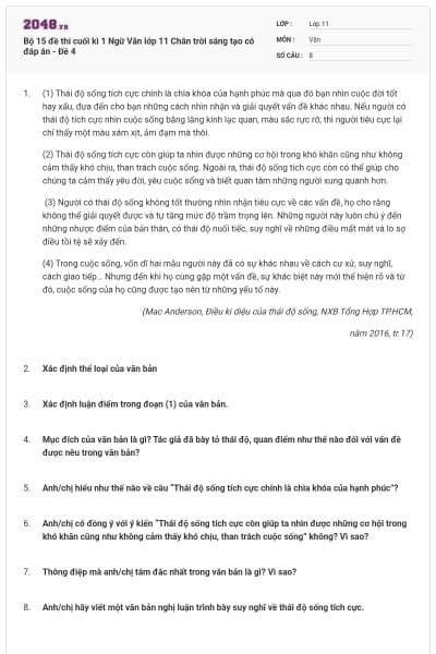 Bộ 15 đề thi cuối kì 1 Ngữ Văn lớp 11 Chân trời sáng tạo có đáp án - Đề 4