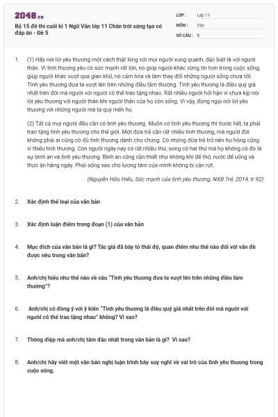 Bộ 15 đề thi cuối kì 1 Ngữ Văn lớp 11 Chân trời sáng tạo có đáp án - Đề 5