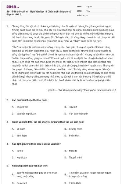 Bộ 15 đề thi cuối kì 1 Ngữ Văn lớp 11 Chân trời sáng tạo có đáp án - Đề 6