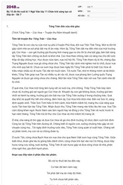 Bộ 15 đề thi cuối kì 1 Ngữ Văn lớp 11 Chân trời sáng tạo có đáp án - Đề 7