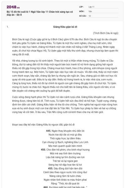 Bộ 15 đề thi cuối kì 1 Ngữ Văn lớp 11 Chân trời sáng tạo có đáp án - Đề 8