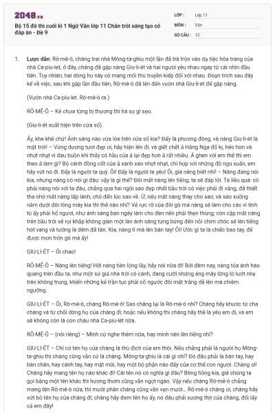 Bộ 15 đề thi cuối kì 1 Ngữ Văn lớp 11 Chân trời sáng tạo có đáp án - Đề 9