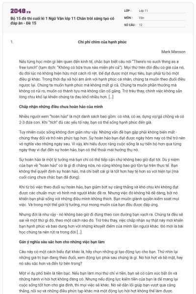 Bộ 15 đề thi cuối kì 1 Ngữ Văn lớp 11 Chân trời sáng tạo có đáp án - Đề 15