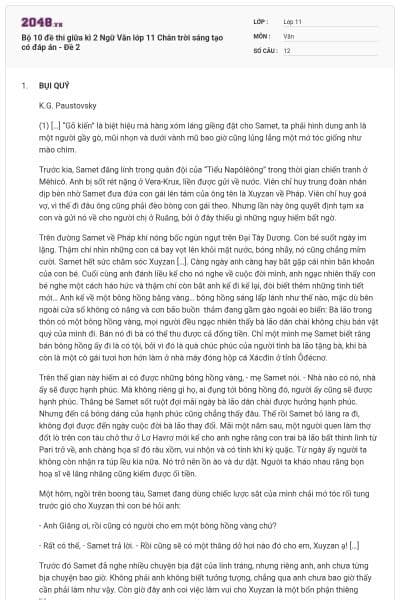 Bộ 10 đề thi giữa kì 2 Ngữ Văn lớp 11 Chân trời sáng tạo có đáp án - Đề 2