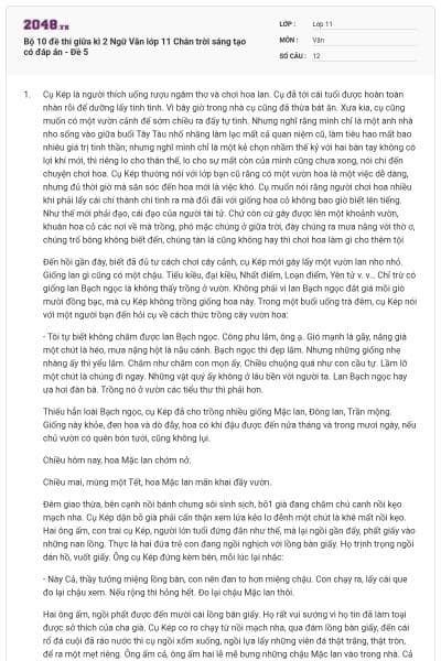 Bộ 10 đề thi giữa kì 2 Ngữ Văn lớp 11 Chân trời sáng tạo có đáp án - Đề 5