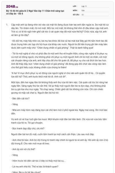 Bộ 10 đề thi giữa kì 2 Ngữ Văn lớp 11 Chân trời sáng tạo có đáp án - Đề 6