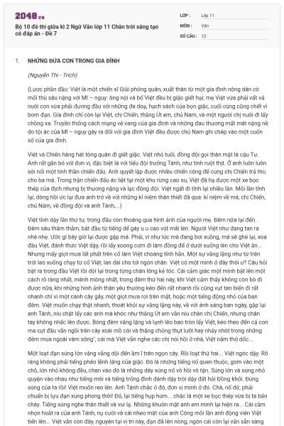 Bộ 10 đề thi giữa kì 2 Ngữ Văn lớp 11 Chân trời sáng tạo có đáp án - Đề 7