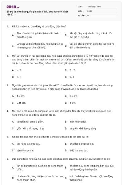 20 Đề thi thử thpt quốc gia môn Vật Lí cực hay mới nhất (đề 6)