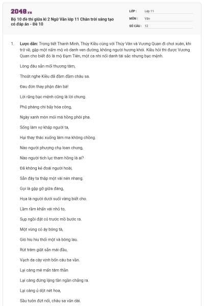 Bộ 10 đề thi giữa kì 2 Ngữ Văn lớp 11 Chân trời sáng tạo có đáp án - Đề 10