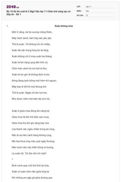 Bộ 10 đề thi cuối kì 2 Ngữ Văn lớp 11 Chân trời sáng tạo có đáp án - Đề 1