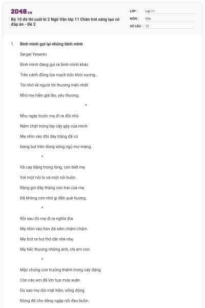 Bộ 10 đề thi cuối kì 2 Ngữ Văn lớp 11 Chân trời sáng tạo có đáp án - Đề 2