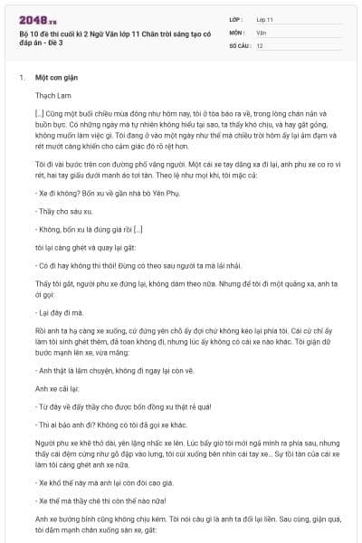 Bộ 10 đề thi cuối kì 2 Ngữ Văn lớp 11 Chân trời sáng tạo có đáp án - Đề 3