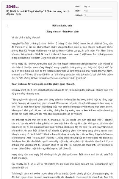 Bộ 10 đề thi cuối kì 2 Ngữ Văn lớp 11 Chân trời sáng tạo có đáp án - Đề 5