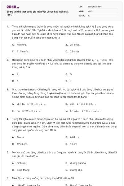 20 Đề thi thử thpt quốc gia môn Vật Lí cực hay mới nhất (đề 7)