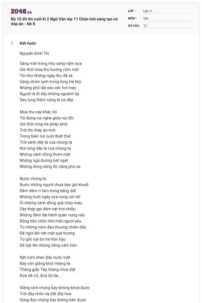 Bộ 10 đề thi cuối kì 2 Ngữ Văn lớp 11 Chân trời sáng tạo có đáp án - Đề 8