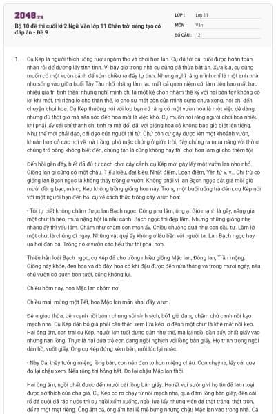 Bộ 10 đề thi cuối kì 2 Ngữ Văn lớp 11 Chân trời sáng tạo có đáp án - Đề 9